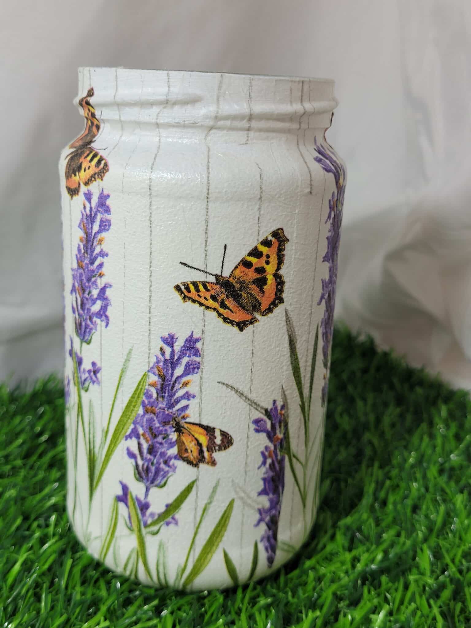 Small Upcycled Decoupaged Jar – Lavender and Butterflies - main product image