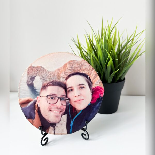 Personalised Small Round Photo on wood with matt finish and a stand - main product image