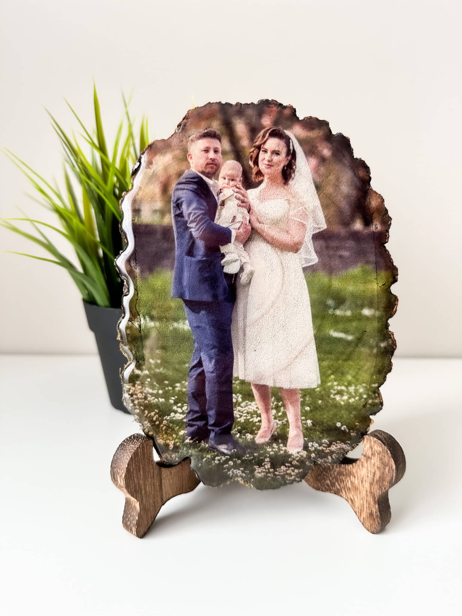 Personalised Small oval photo on wood with glossy resin finish and a stand - main product image