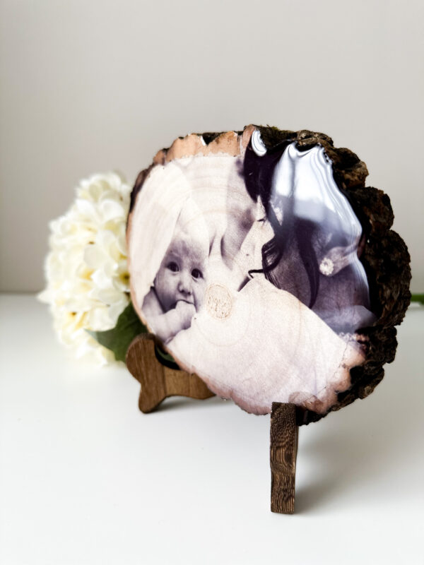 Personalised Black and White Small photo on wood with glossy resin finish and a stand - product image 2