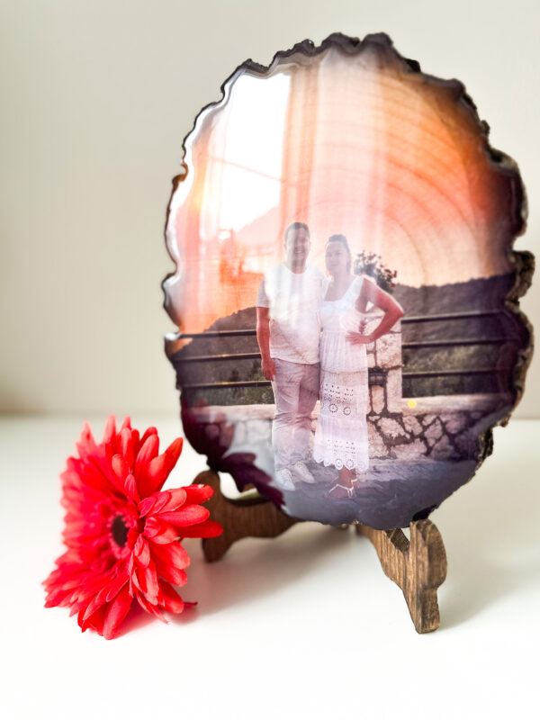 Personalised Large oval photo on wood with glossy resin finish and a stand - product image 2