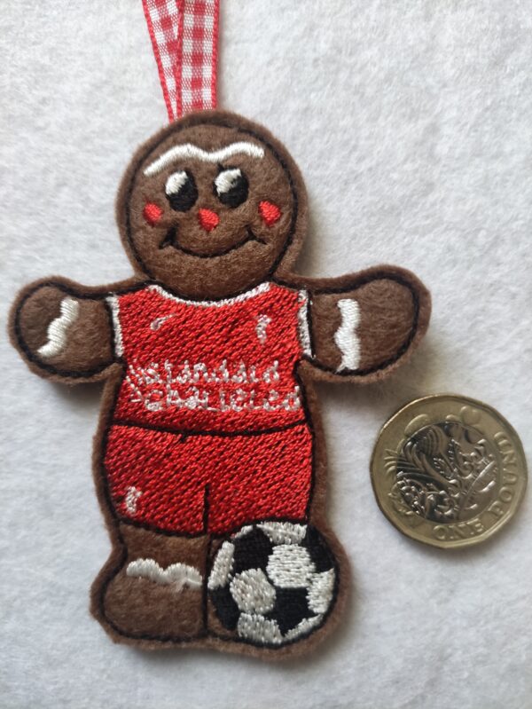 Hanging decoration gingerbread man footballer wearing Liverpool colours - main product image