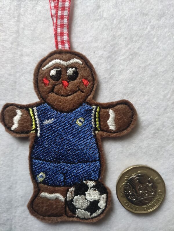 Hanging decoration for Christmas tree – felt gingerbread footballer in Chelsea colours - main product image