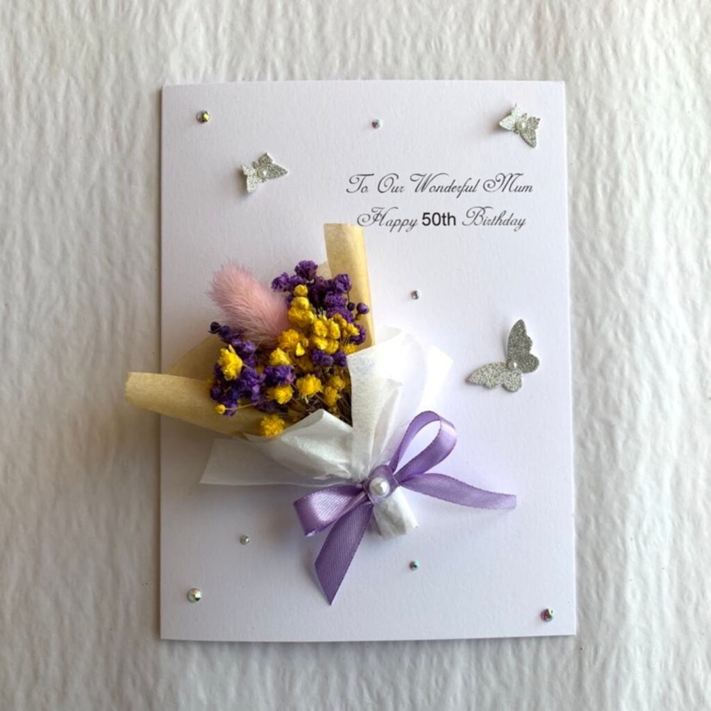 Luxury Personalised Handmade Birthday Card, Mini Dried Flower Bouquet Card with Box C044