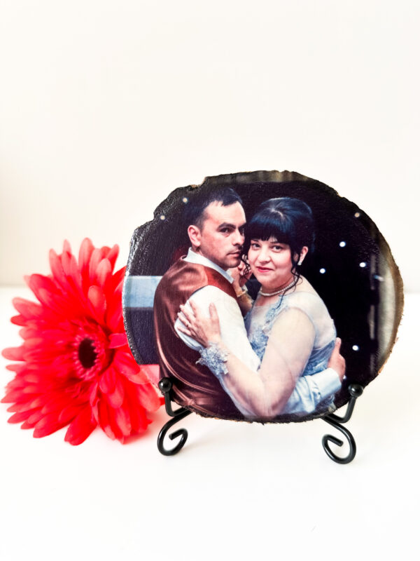 Personalised Small Round photo on wood with matt finish and a stand - product image 2