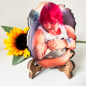 Personalised Small oval photo on wood with glossy resin finish and a stand