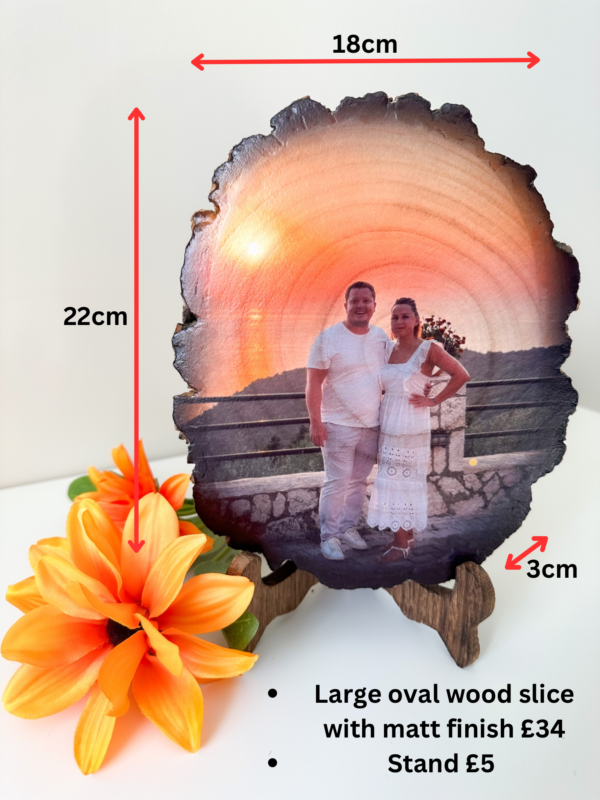 Personalised large oval photo on wood with matt finish and a stand - product image 4