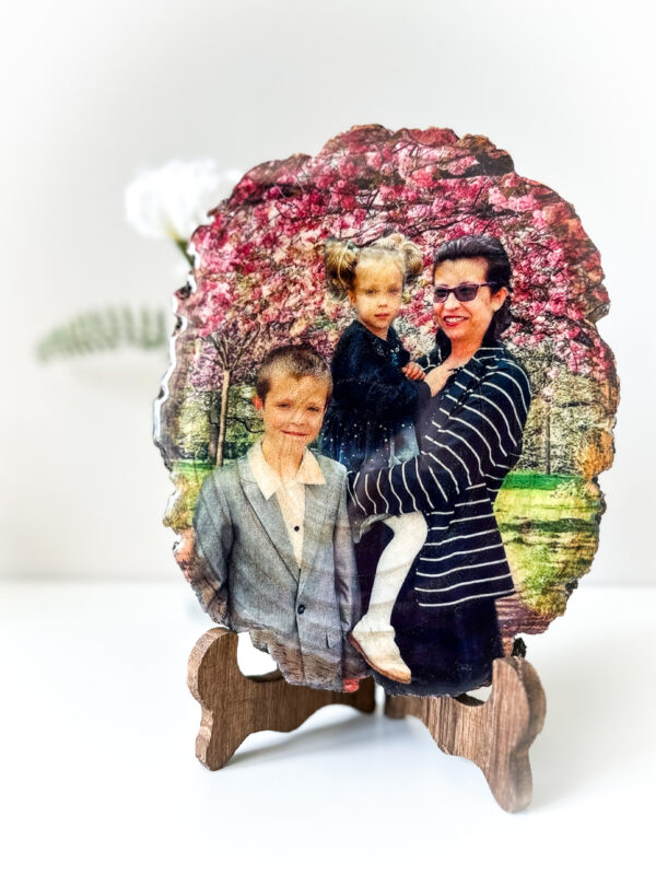 Personalised Large oval photo on wood with glossy resin finish and a stand - product image 4