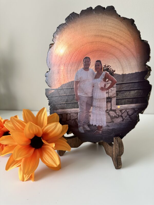 Personalised large oval photo on wood with matt finish and a stand - product image 3