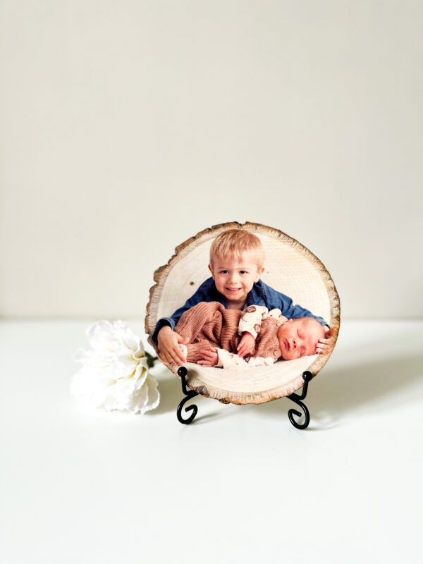 Personalised Small Round photo on wood with matt finish and a stand - product image 2