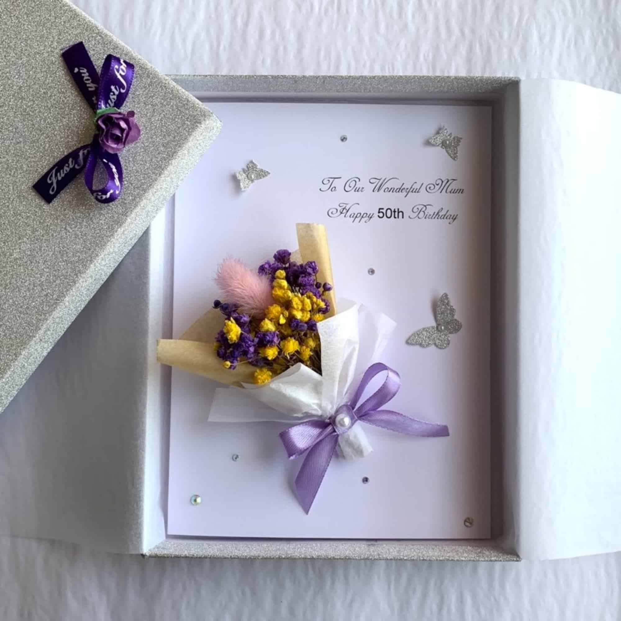 Luxury Personalised Handmade Birthday Card, Mini Dried Flower Bouquet Card with Box C044 - main product image