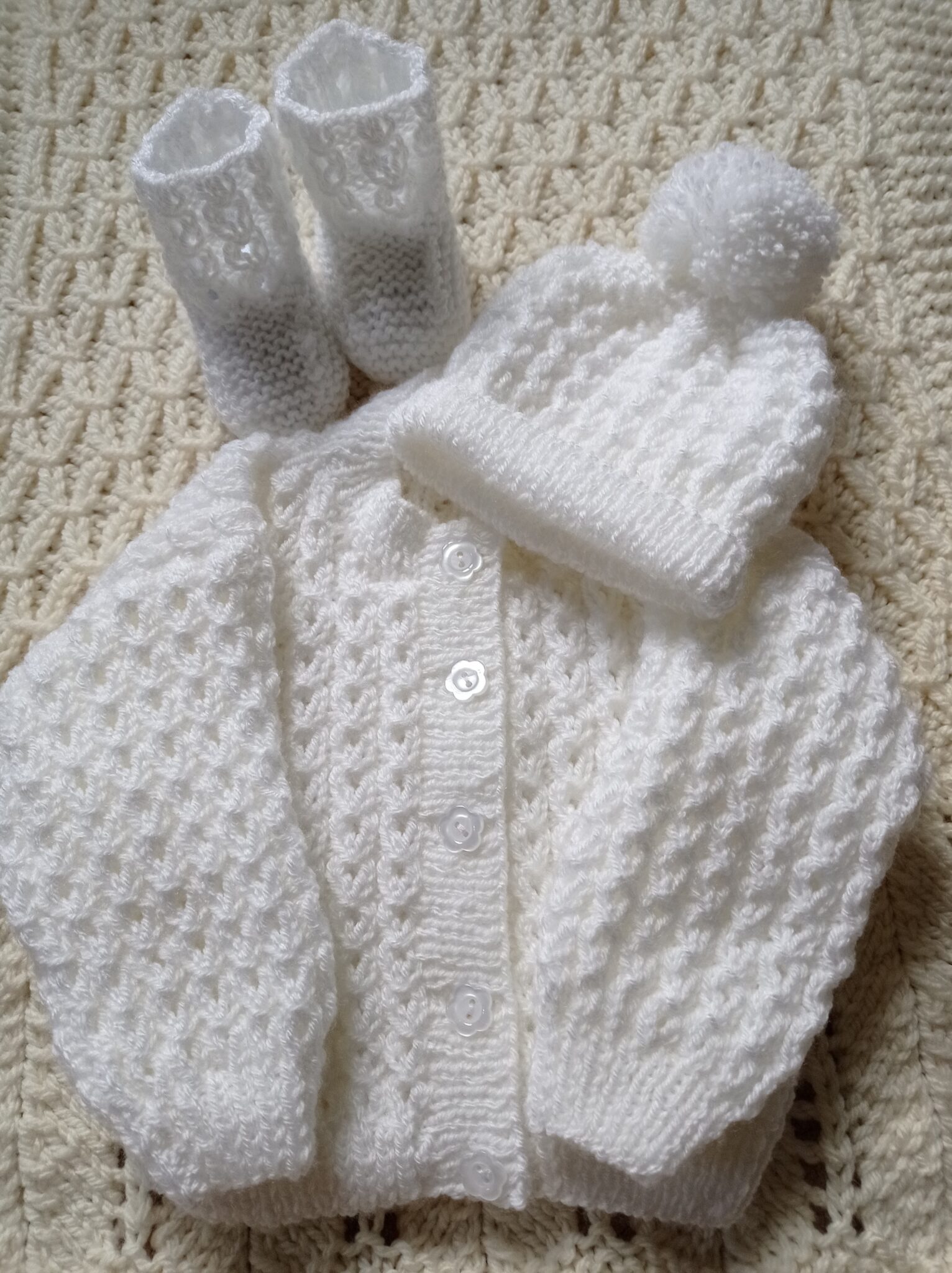 Traditional white baby coat, hat and boots - main product image