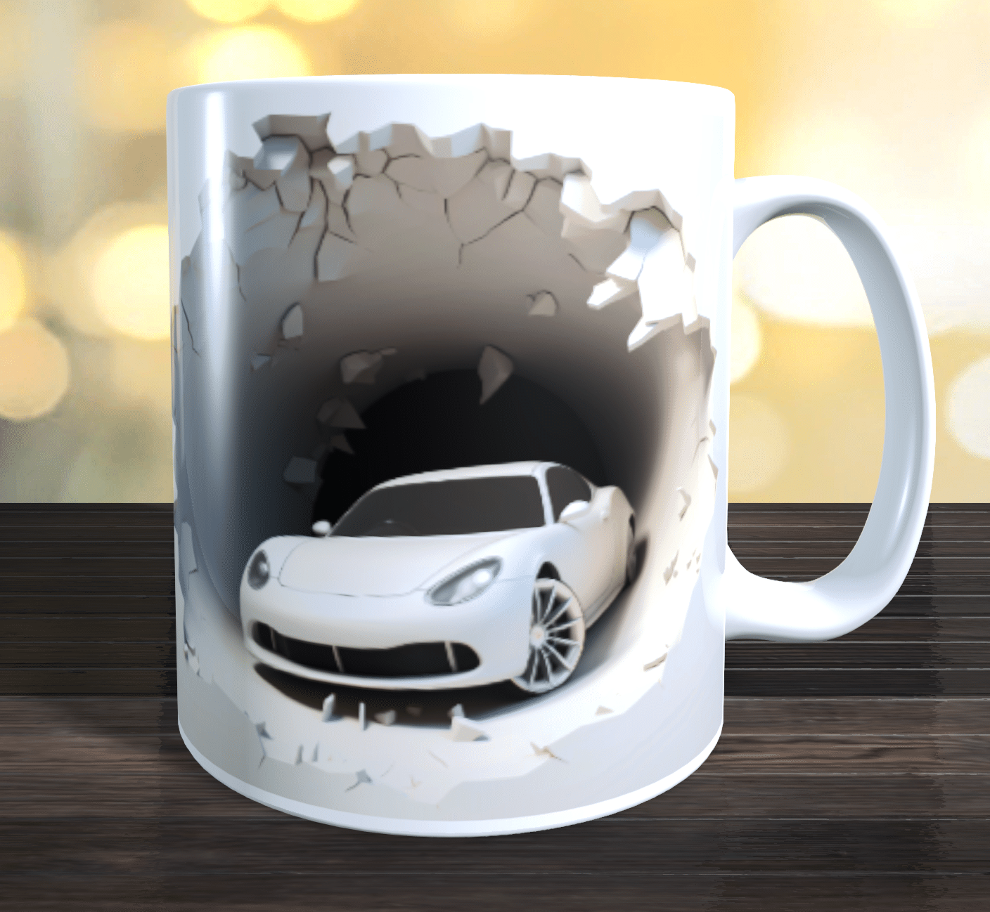 3D White Sports Car in Hole in the Wall Mug Cup 11oz Funny Birthday Gift 11oz - main product image