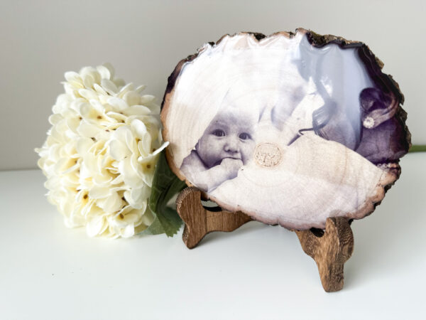 Personalised Black and White Small photo on wood with glossy resin finish and a stand - product image 4