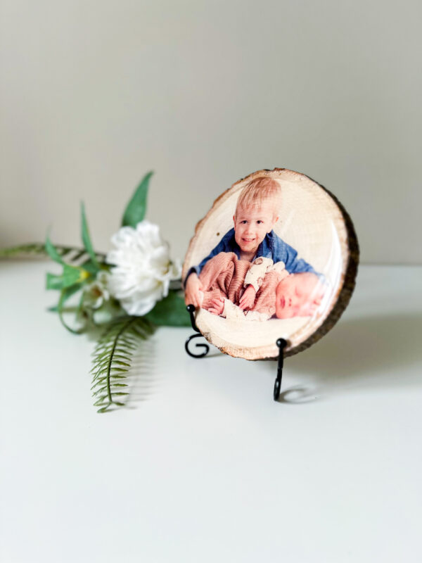 Personalised small round photo on wood with glossy resin finish - product image 2