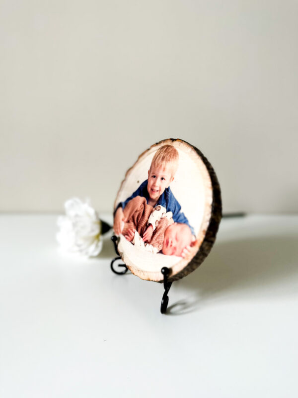Personalised Small Round photo on wood with matt finish and a stand - product image 3