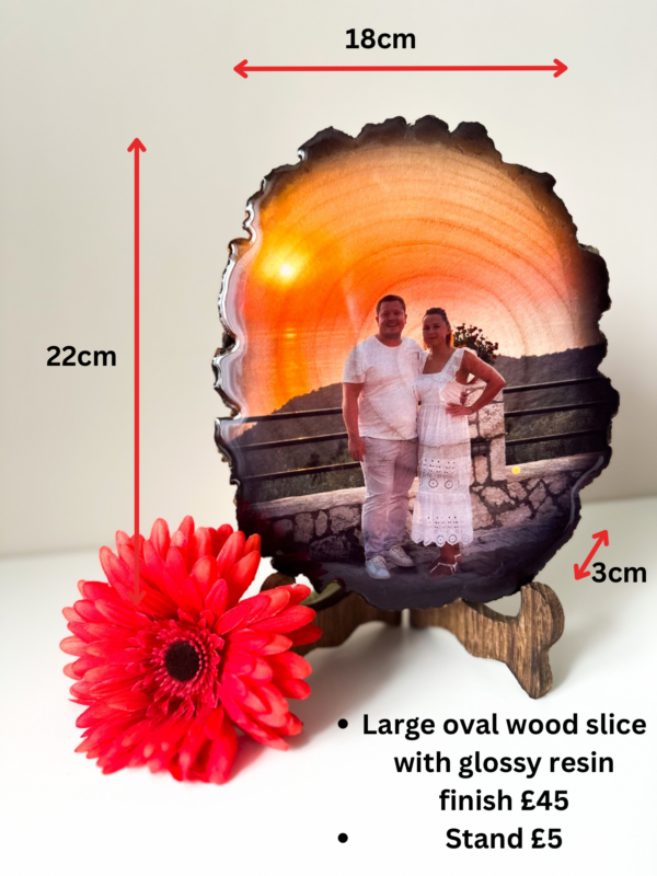 Personalised Large oval photo on wood with glossy resin finish and a stand - product image 5