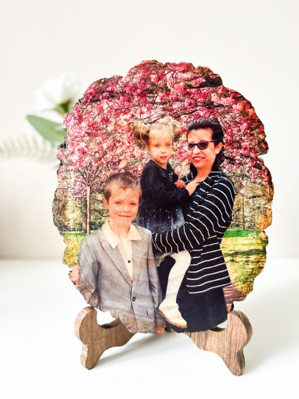 Personalised large oval photo on wood with matt finish and a stand - product image 4