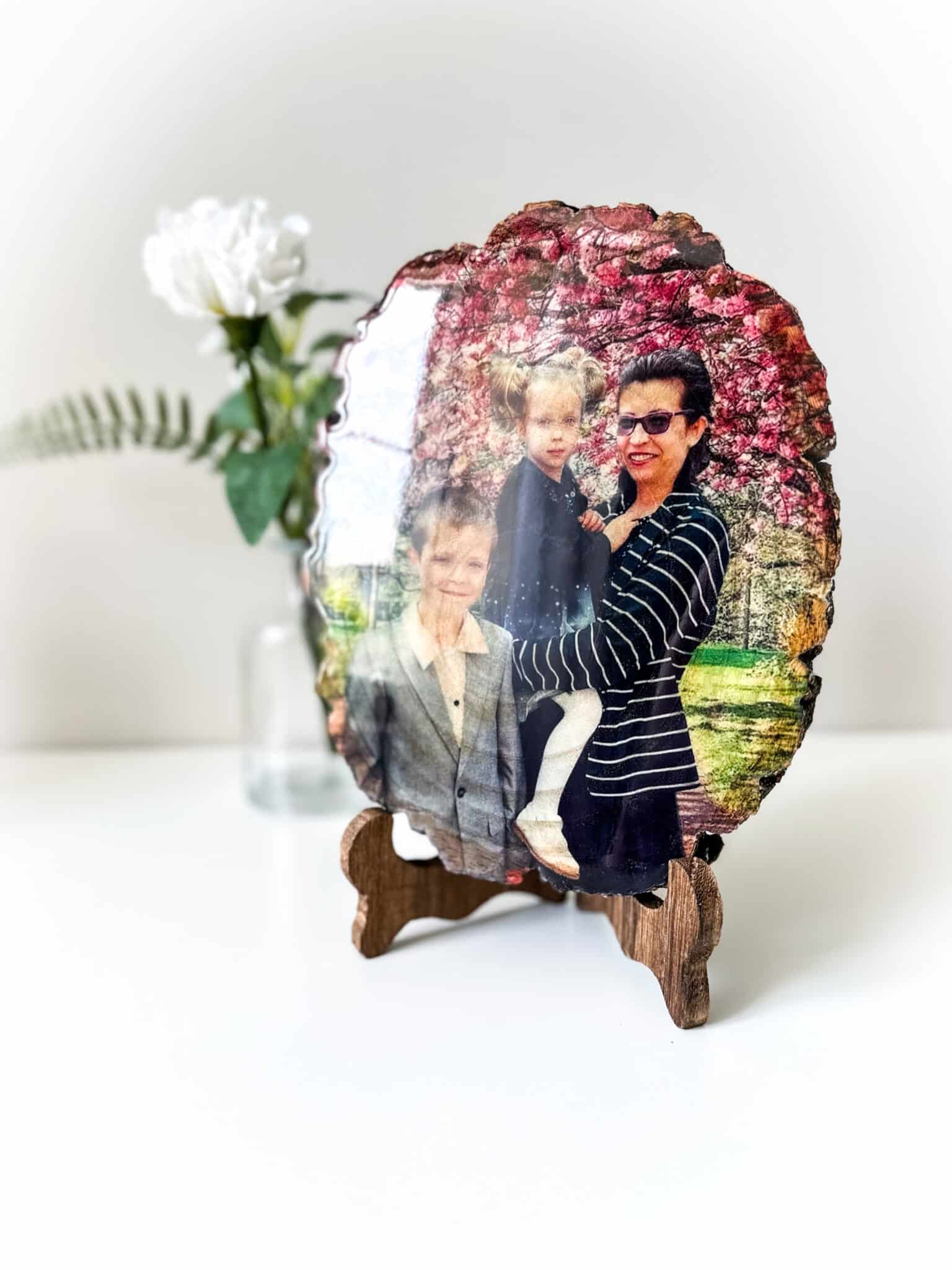 Personalised Large oval photo on wood with glossy resin finish and a stand - main product image