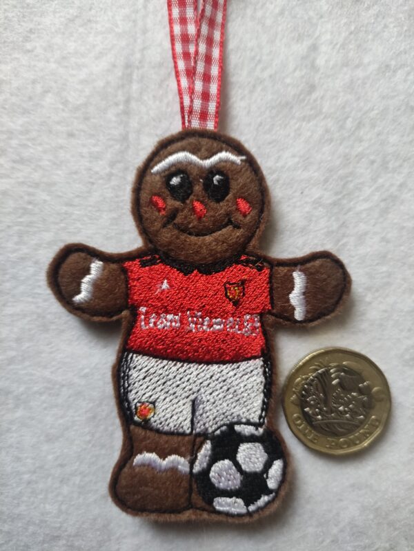 Gingerbread man footballer wearing Manchester Utd colours – hanging decoration - main product image