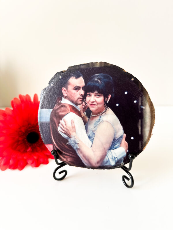 Personalised Small Round photo on wood with matt finish and a stand - main product image