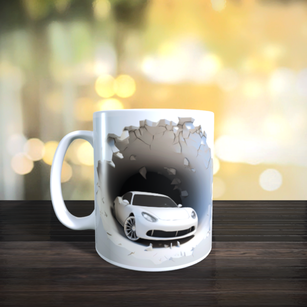 3D White Sports Car in Hole in the Wall Mug Cup 11oz Funny Birthday Gift 11oz - product image 3