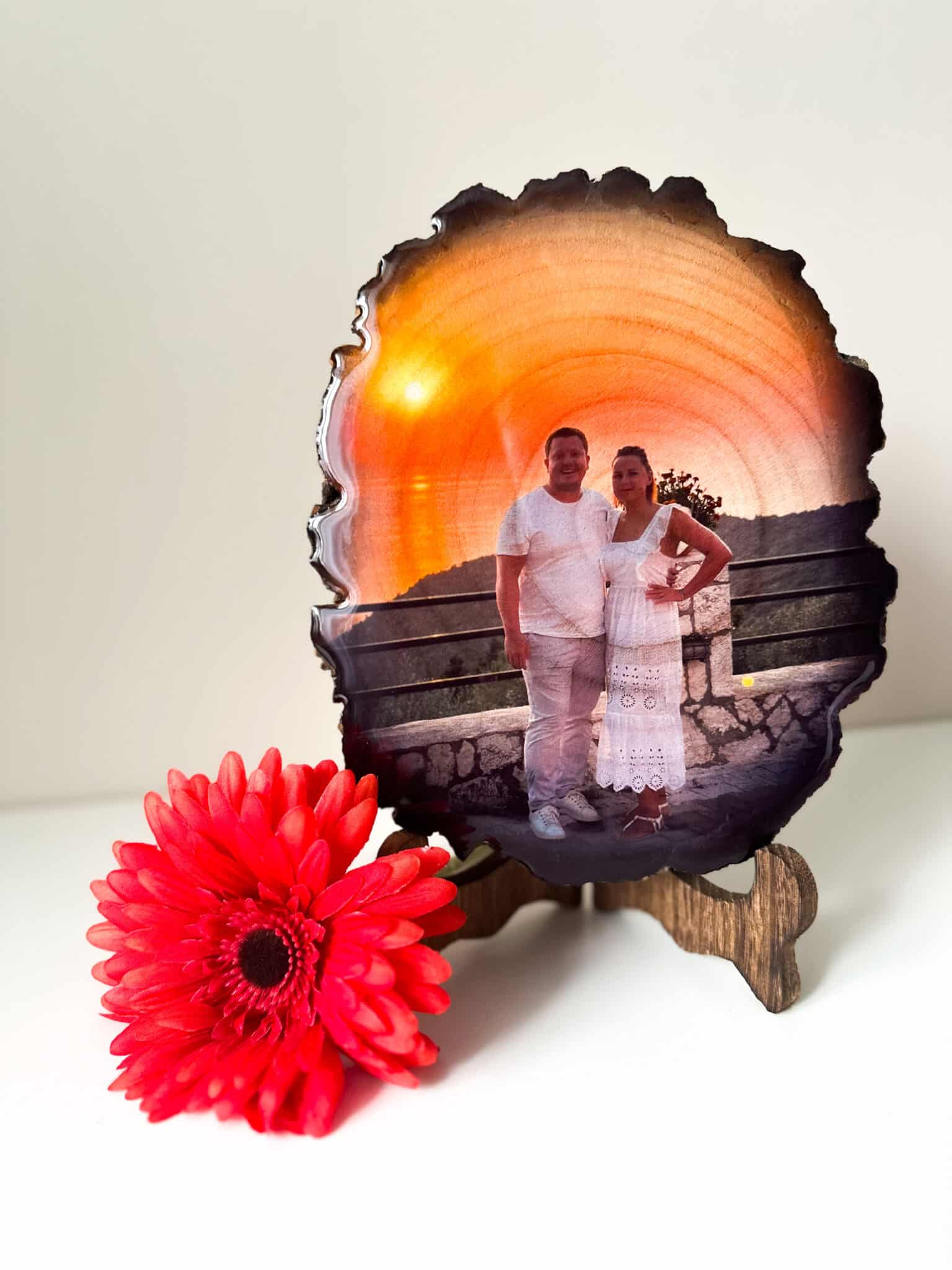 Personalised Large oval photo on wood with glossy resin finish and a stand - main product image