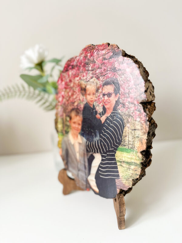 Personalised large oval photo on wood with matt finish and a stand - product image 5