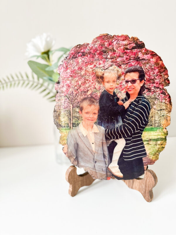 Personalised large oval photo on wood with matt finish and a stand - main product image