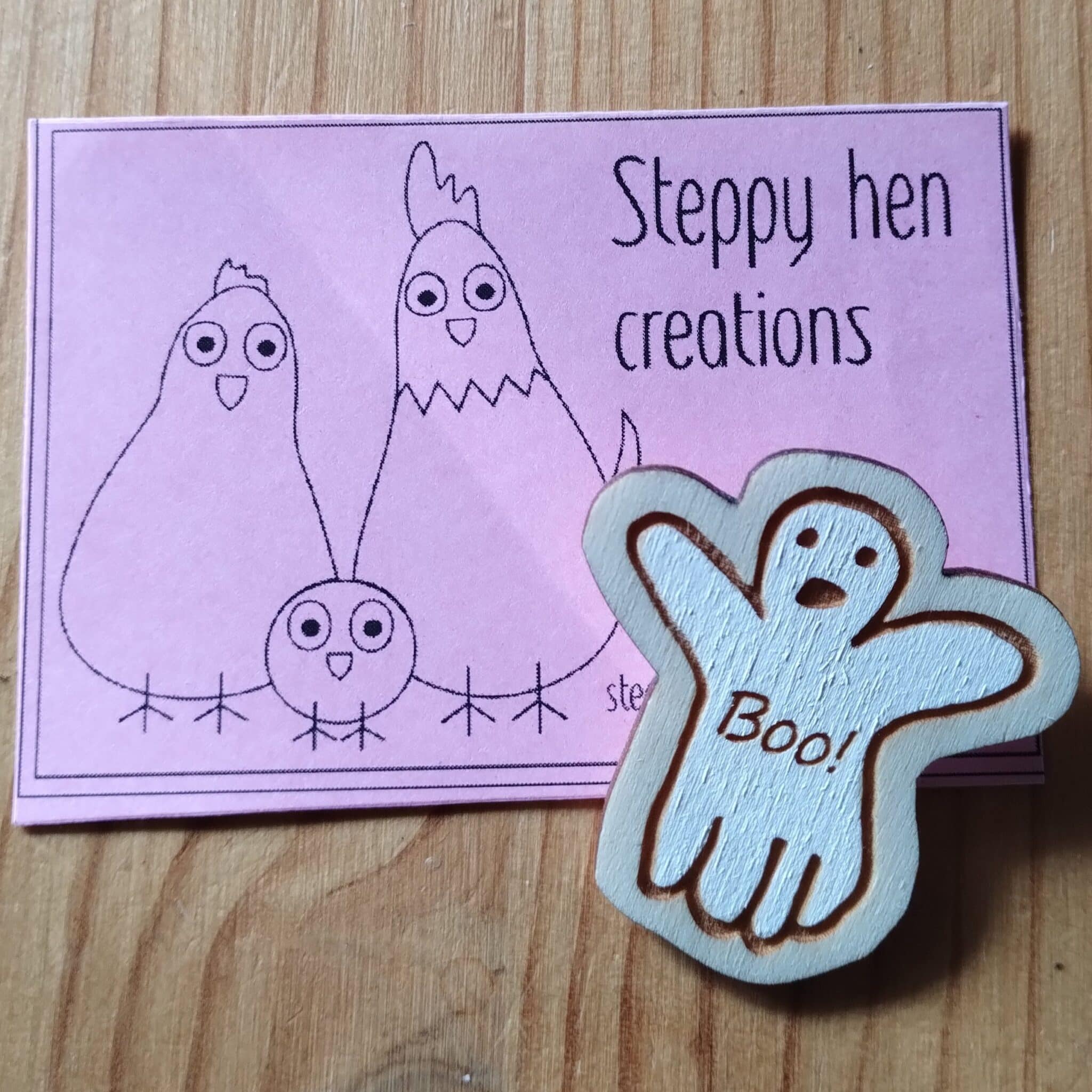 Hand drawn ghost brooch | Laser engraved wood - main product image