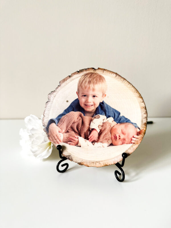 Personalised Small Round photo on wood with matt finish and a stand - main product image