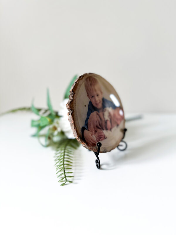 Personalised small round photo on wood with glossy resin finish - product image 3