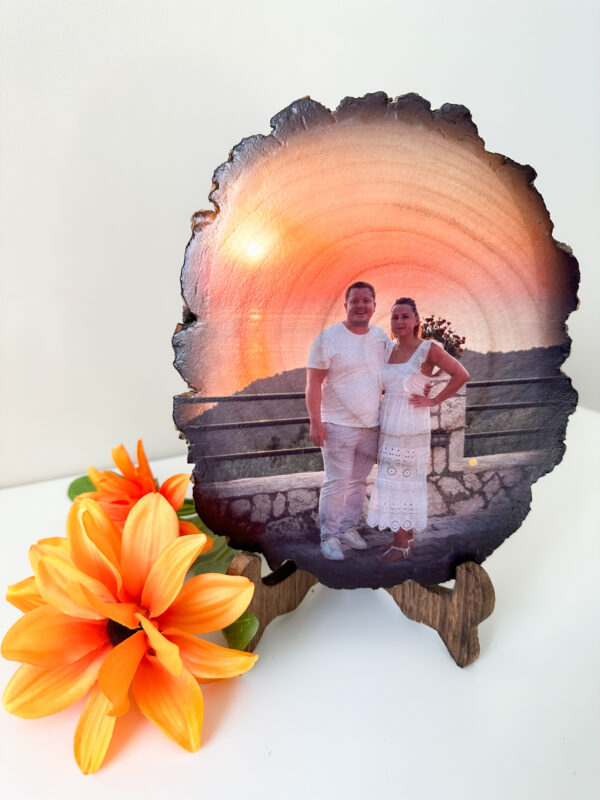 Personalised large oval photo on wood with matt finish and a stand - main product image