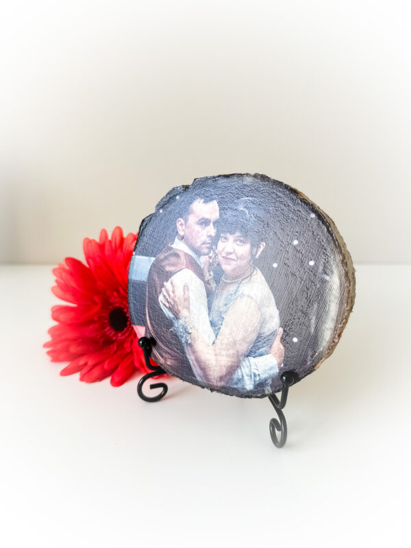 Personalised Small Round photo on wood with matt finish and a stand - product image 3