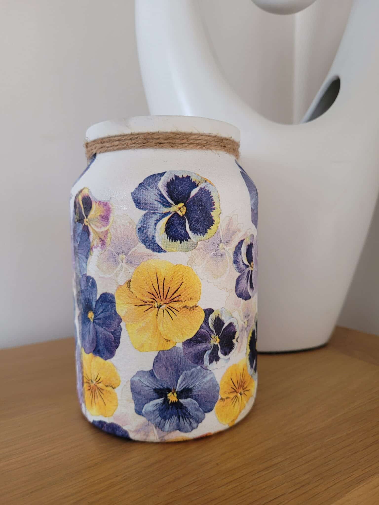 Upcycled Decoupaged Jar – Pansys - main product image