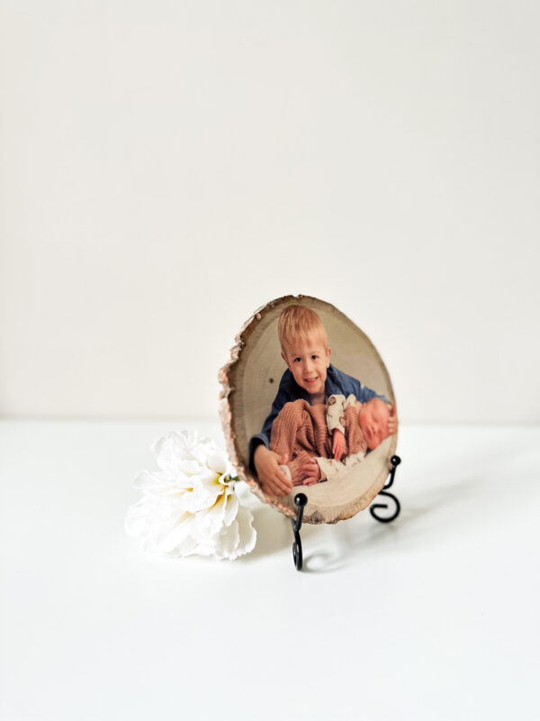 Personalised Small Round photo on wood with matt finish and a stand - product image 4