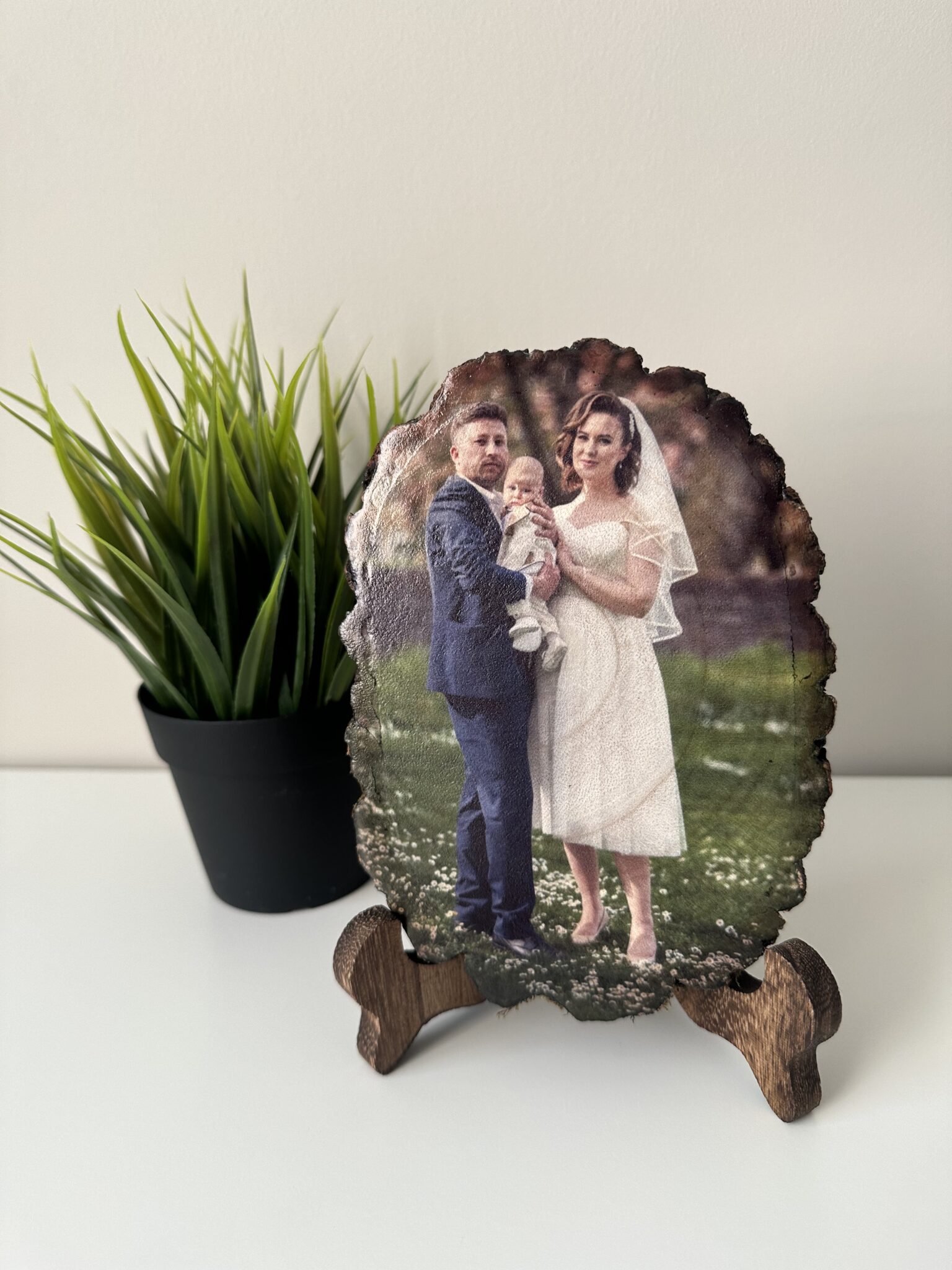 Personalised Small oval photo on wood with matt finish and a stand - main product image