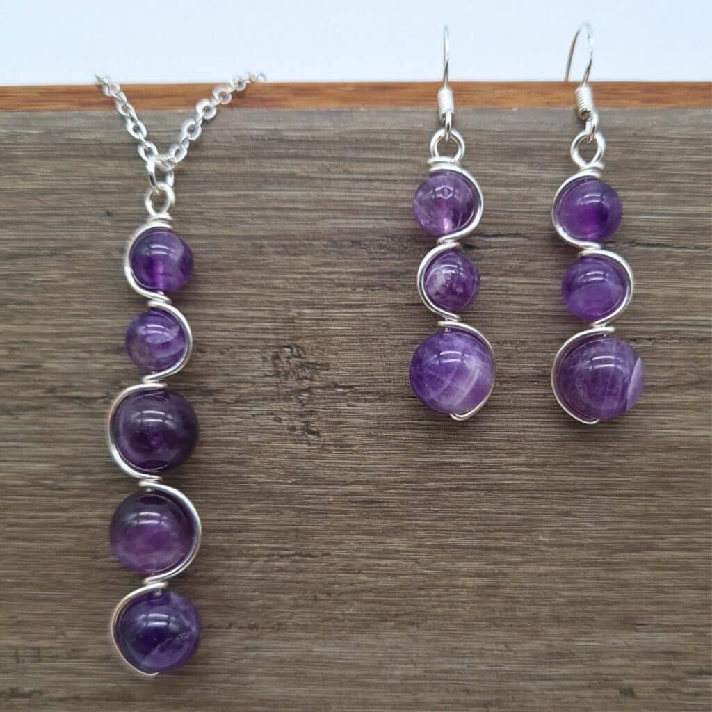 Amethyst Drop Earrings, Silver Amethyst Necklace, Unique Amethyst Set, Gift for Her, Anniversary