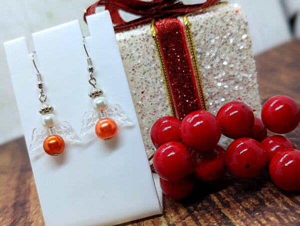 Faux Pearl Angel Drop Earrings with Acrylic Wings – Burnt Orange - product image 2