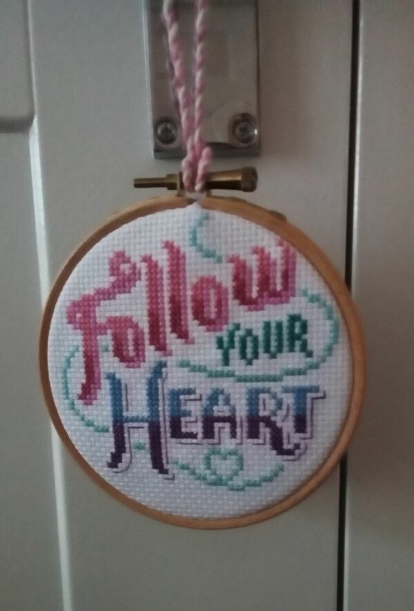Follow Your Heart, Hanging Hoop, Heart Quote, Positivity Quote, Cross Stitch Heart – Pink - product image 2