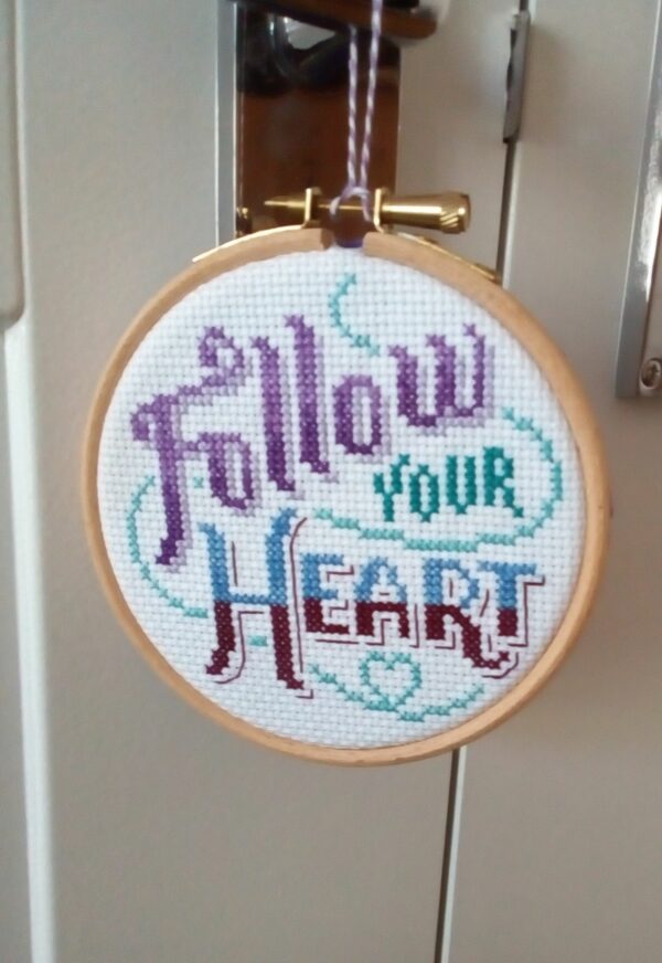 Follow Your Heart, Hanging Hoop, Heart Quote, Positivity Quote, Cross Stitch Heart – Purple - product image 2