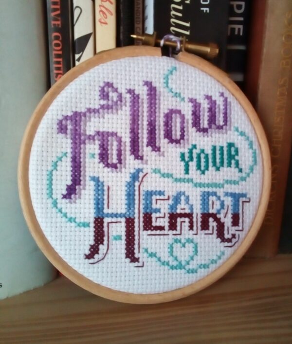 Follow Your Heart, Hanging Hoop, Heart Quote, Positivity Quote, Cross Stitch Heart – Purple - main product image