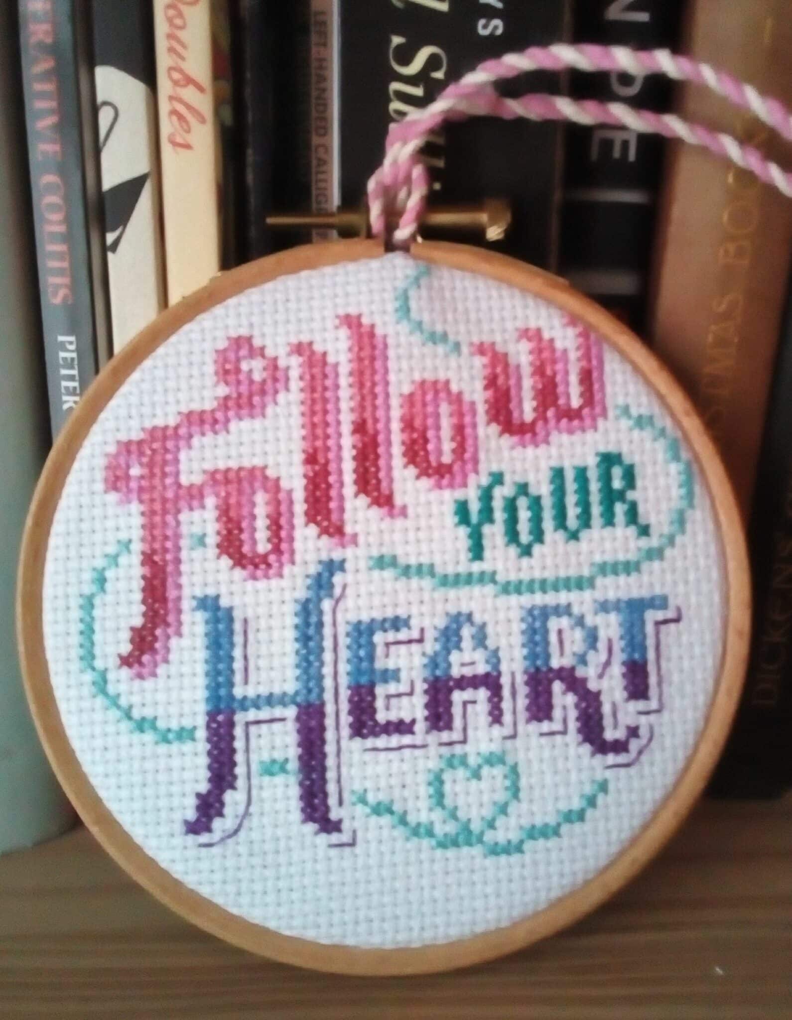 Follow Your Heart, Hanging Hoop, Heart Quote, Positivity Quote, Cross Stitch Heart – Pink - main product image