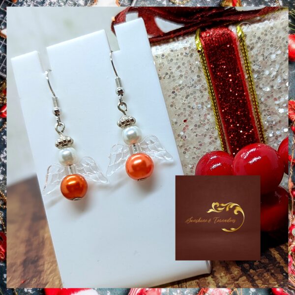 Faux Pearl Angel Drop Earrings with Acrylic Wings – Burnt Orange - main product image