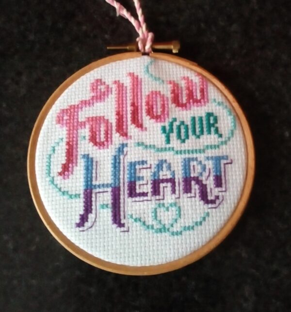 Follow Your Heart, Hanging Hoop, Heart Quote, Positivity Quote, Cross Stitch Heart – Pink - product image 4