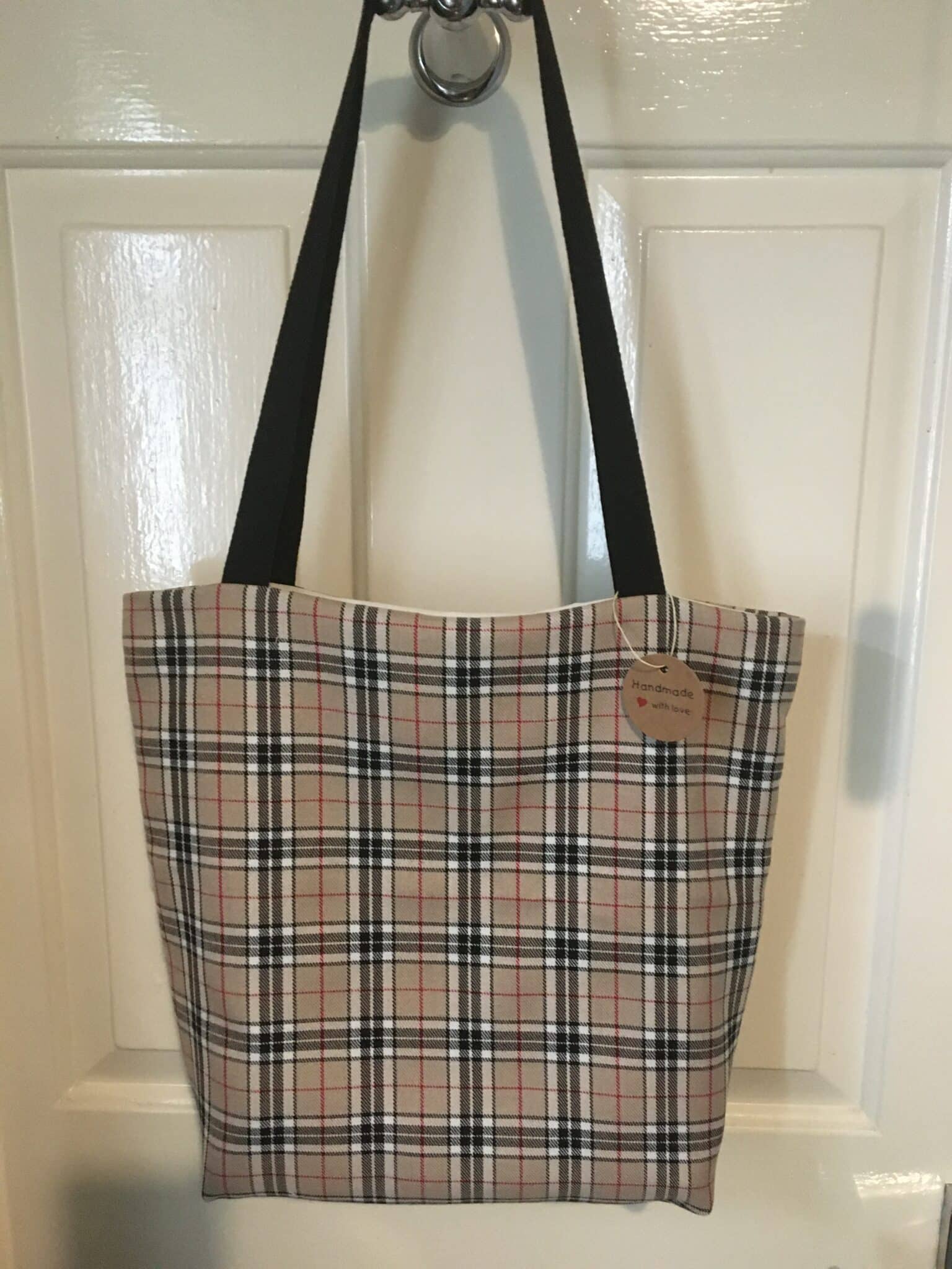 Handmade shopper tote bag fully lined in caramel black nova check fabric great for Christmas - main product image