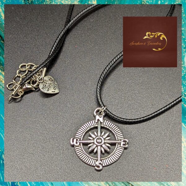 Silver Nautical Charm Necklace, Compass, Black Rope Cord Jewellery - main product image