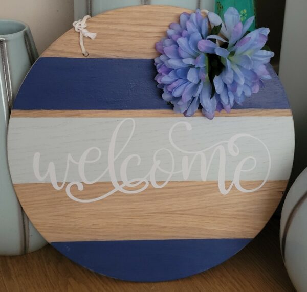 30cm Round Oak Hanging Door Sign – Blue Welcome - main product image