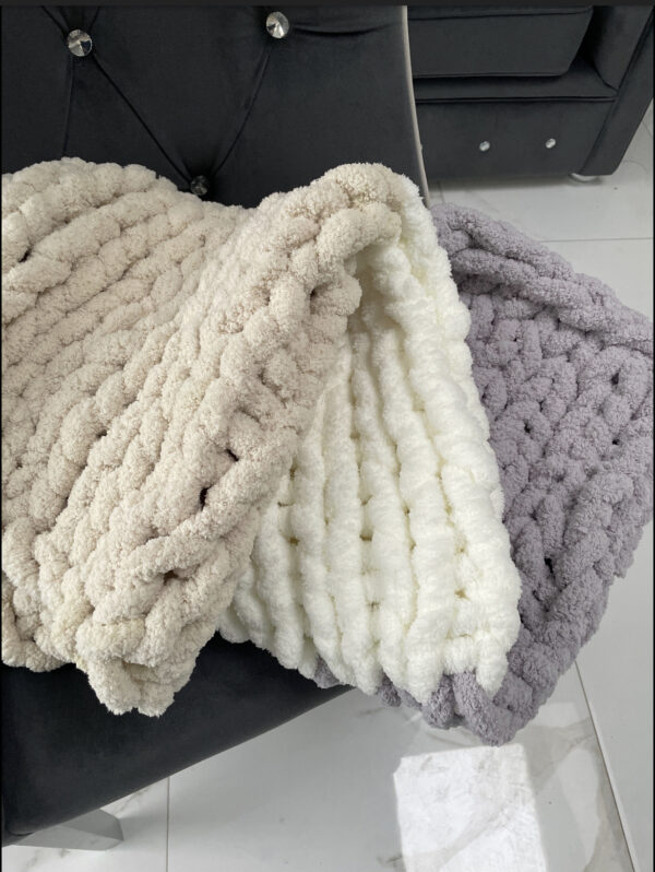 Chunky Knit Handmade Baby Blanket – Grey, White and Beige - product image 2