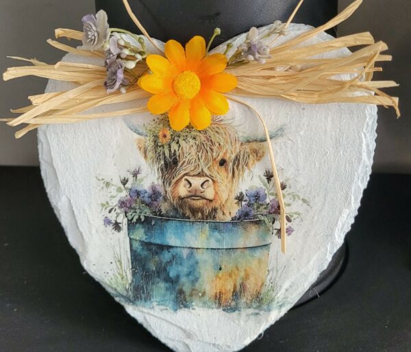 Decoupaged Slate Heart – Bathtub Highland Cow - main product image